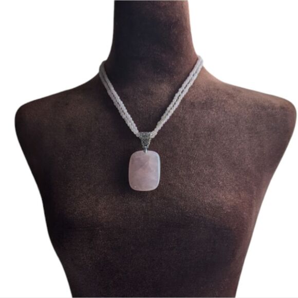 Genuine Roze quartz heavy multi strand necklace and silver pendant 2 x 1.5." - Picture 1 of 6